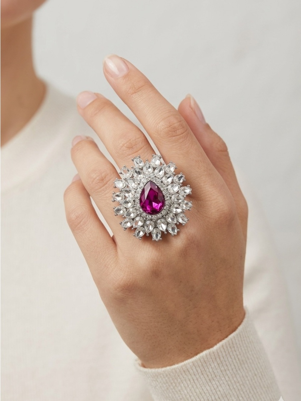 Pink Rhinestone Flower Ring | Stretch Sunburst Statement Ring